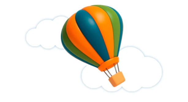 Balão da logomarca da ViajaBox entre as nuvens
