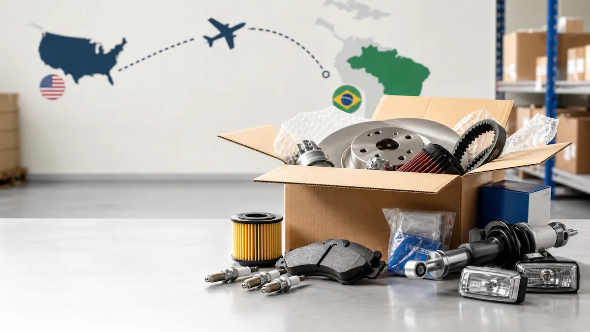 Peças e acessórios automotivos em uma caixa para envio dos Estados Unidos ao Brasil