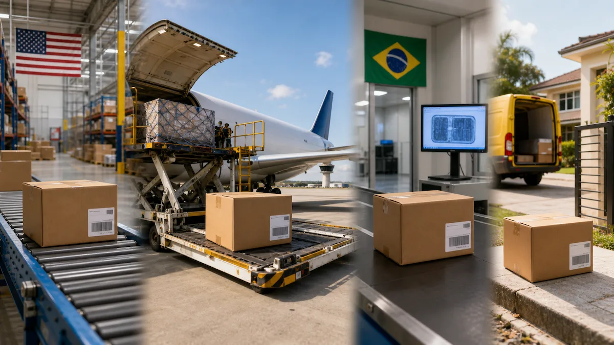 Caminho de uma encomenda da ViajaBox dos Estados Unidos até a entrega no Brasil