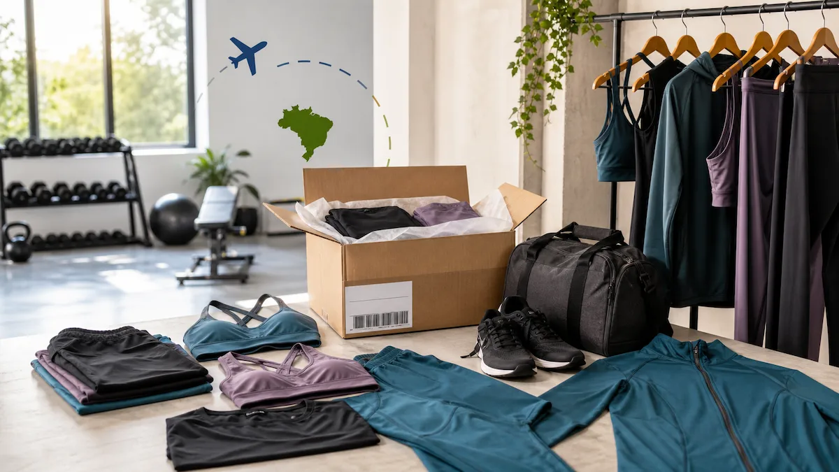 Roupas de moda fitness em uma caixa para envio dos Estados Unidos ao Brasil