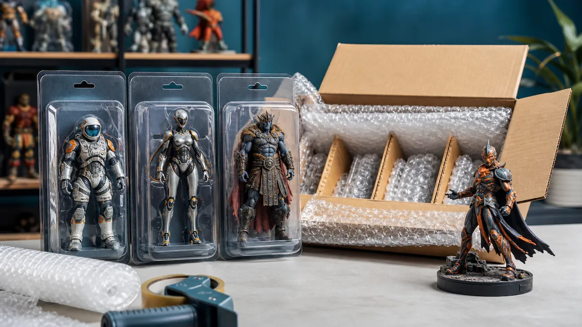 Action figures colecionáveis ao lado de uma caixa protegida para envio dos Estados Unidos ao Brasil