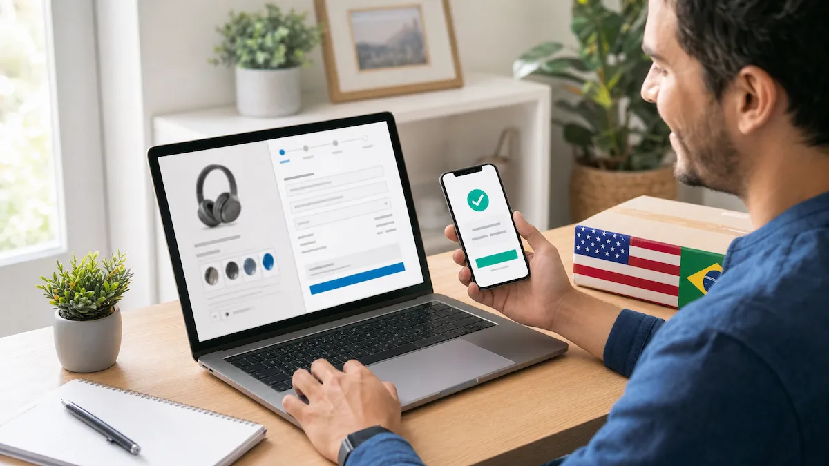 Cliente comprando em uma loja americana pelo computador e pagando pelo celular sem usar cartão internacional