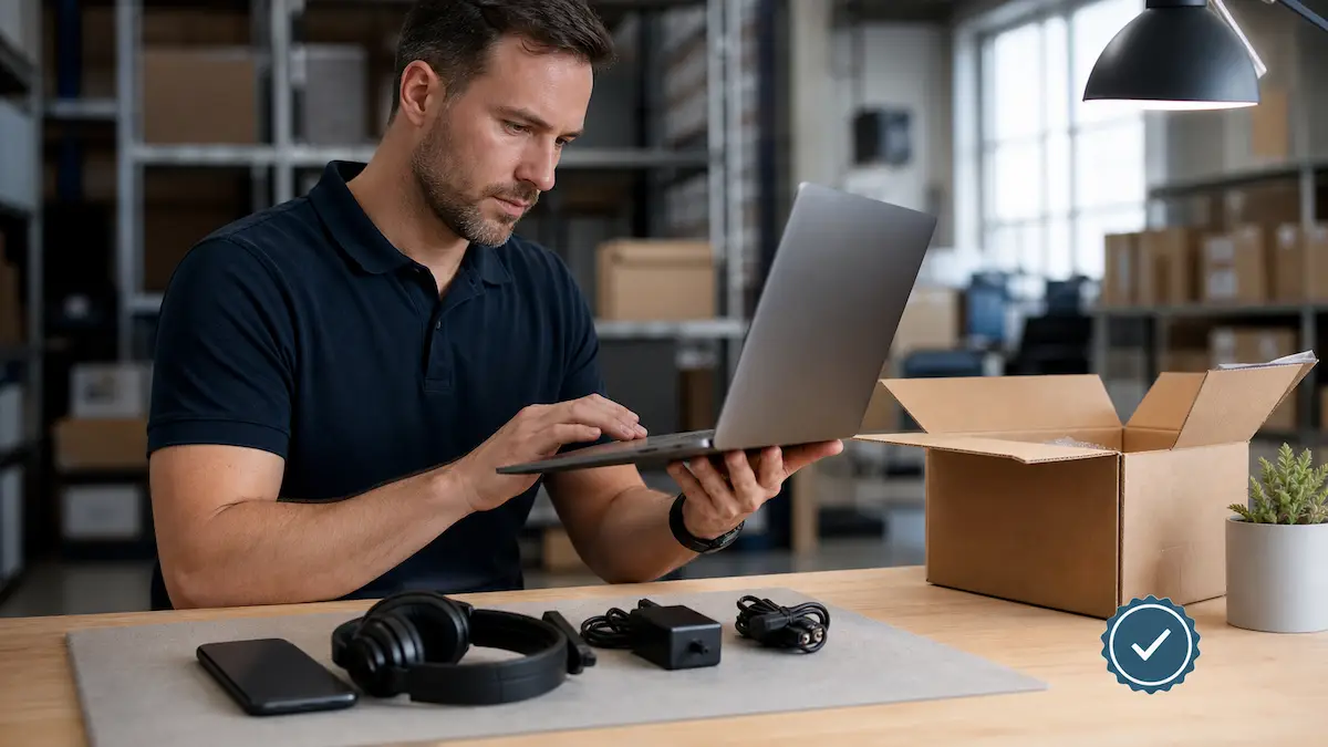 Técnico inspecionando notebook e eletrônicos open box e refurbished antes do envio nos Estados Unidos
