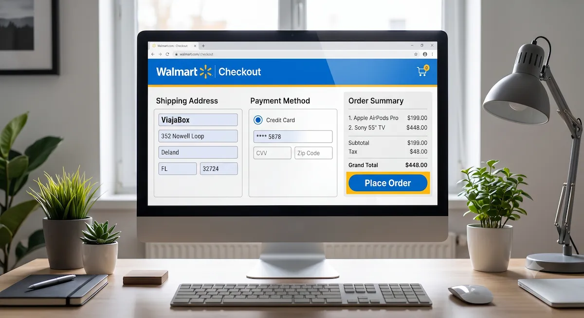 Tela de checkout do Walmart online  preenchida com o endereço da ViajaBox.