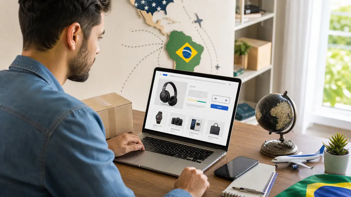 Pessoa comprando no eBay pelo computador para receber uma encomenda dos Estados Unidos no Brasil