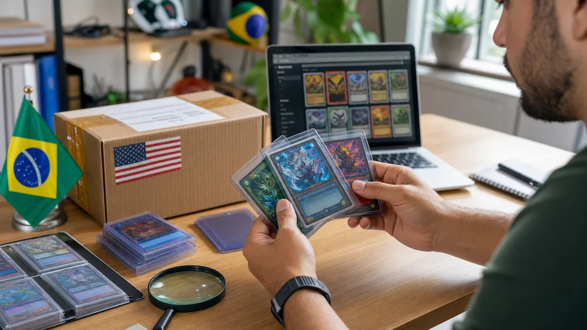 Colecionador conferindo cartas Pokémon protegidas antes do envio dos Estados Unidos ao Brasil