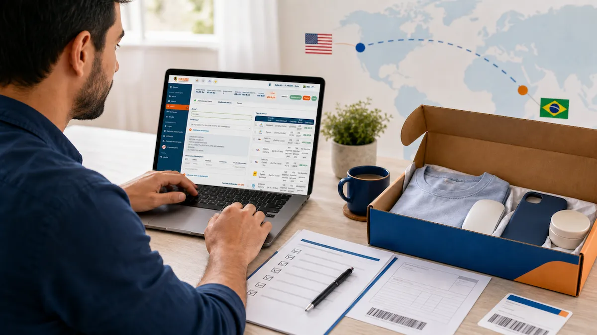 Pessoa preenchendo a declaração alfandegária de uma encomenda internacional com produtos e invoice sobre a mesa