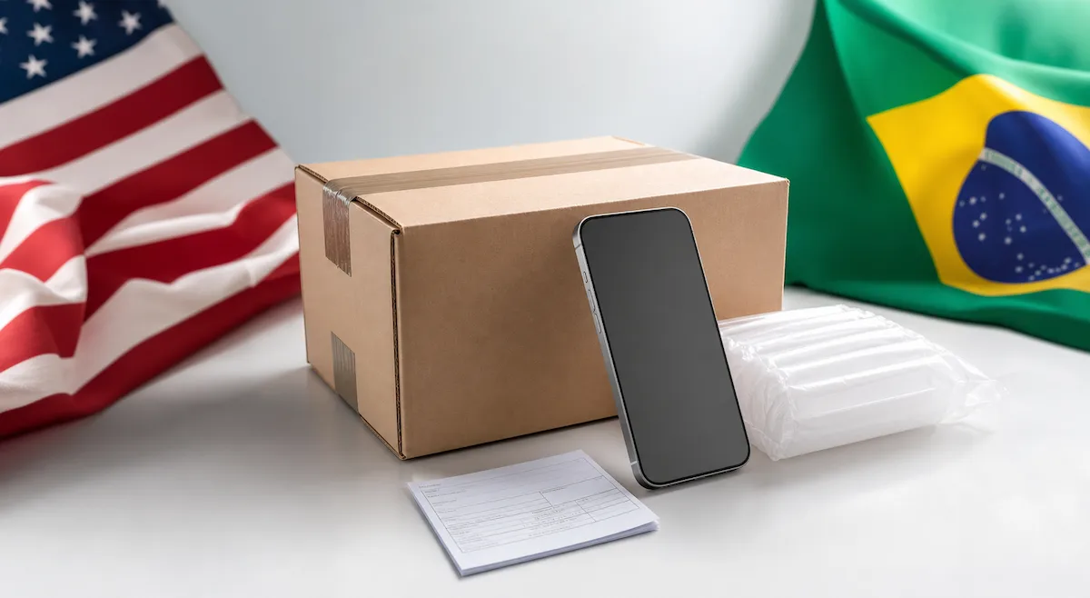 Representação de um iPhone ao lado de uma caixa de envio entre as bandeiras dos Estados Unidos e do Brasil