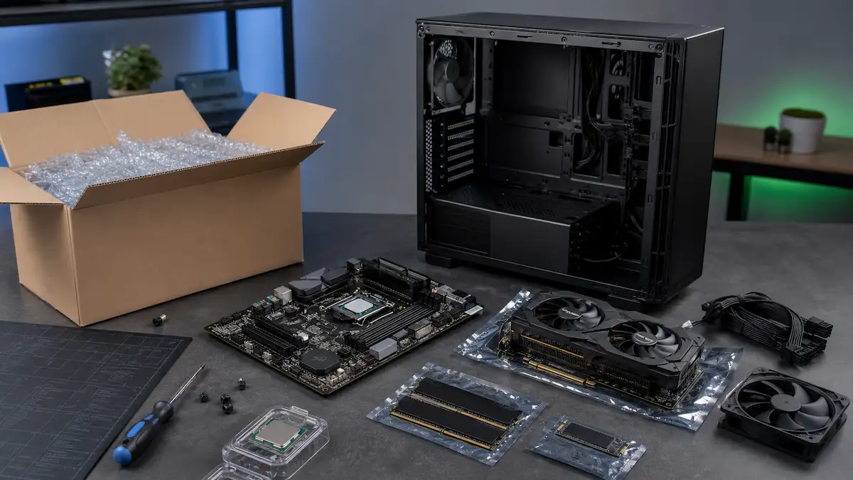 Peças importadas dos Estados Unidos organizadas ao lado de um gabinete para montagem de um PC gamer