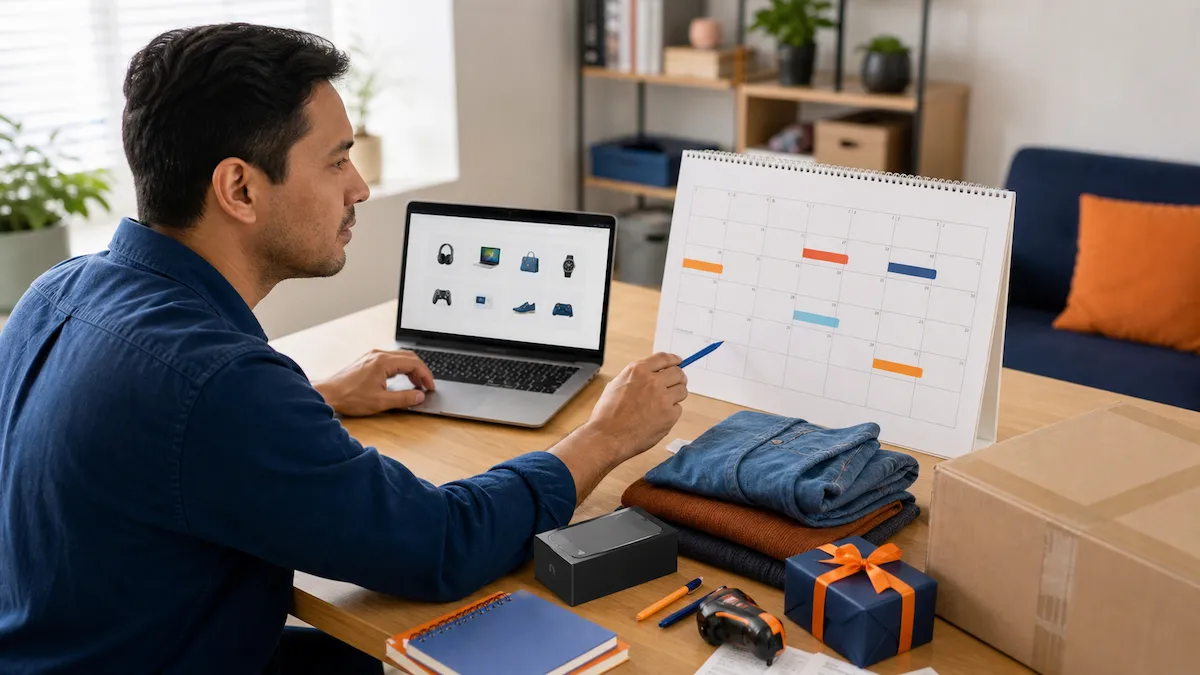 Comprador planificando en un calendario los mejores meses para aprovechar ofertas en Estados Unidos