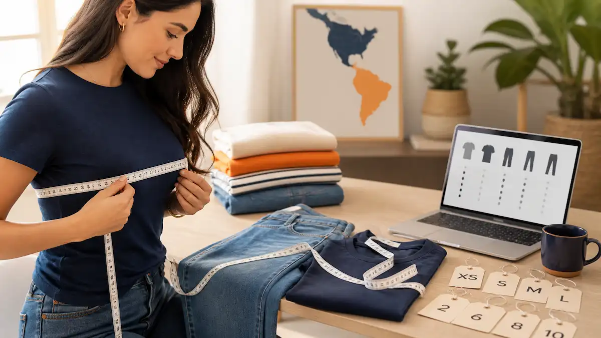 Pessoa usando fita métrica para converter tamanhos de roupas dos EUA para o Brasil