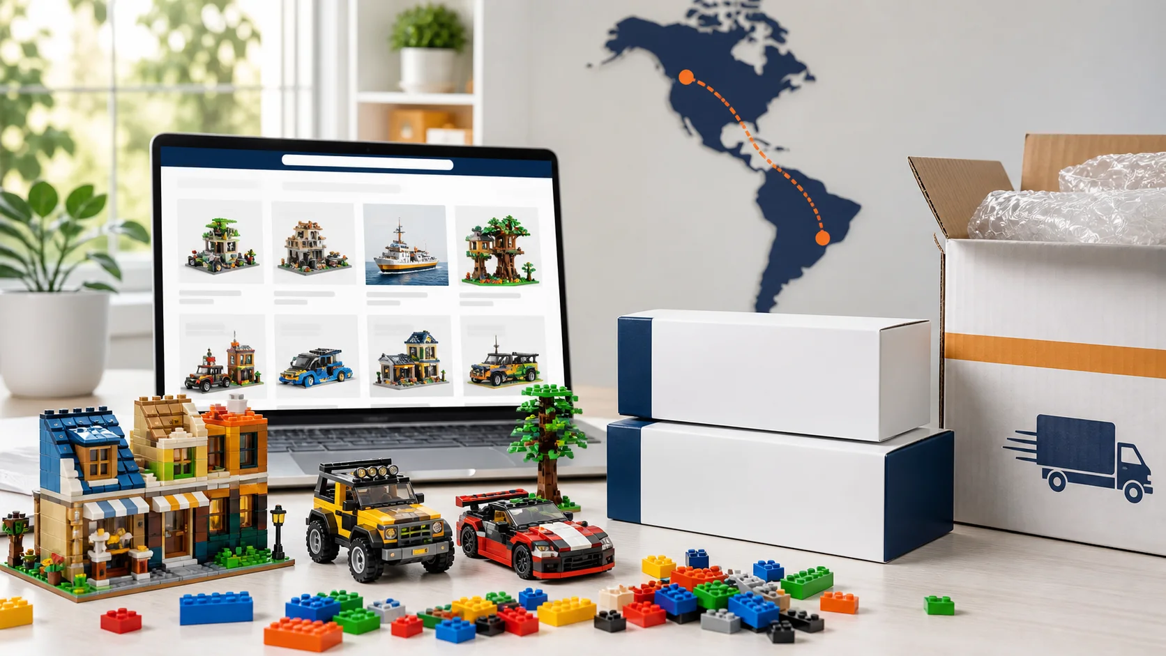 Blocos de montar, loja online e embalagem para ilustrar a compra de LEGO nos EUA