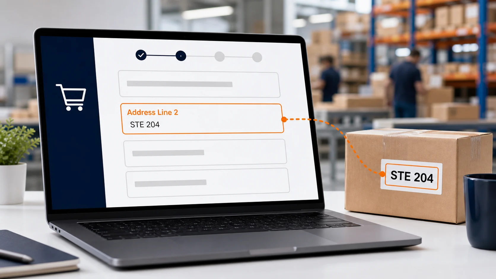 Checkout form showing Address Line 2 and a suite number for package forwarding