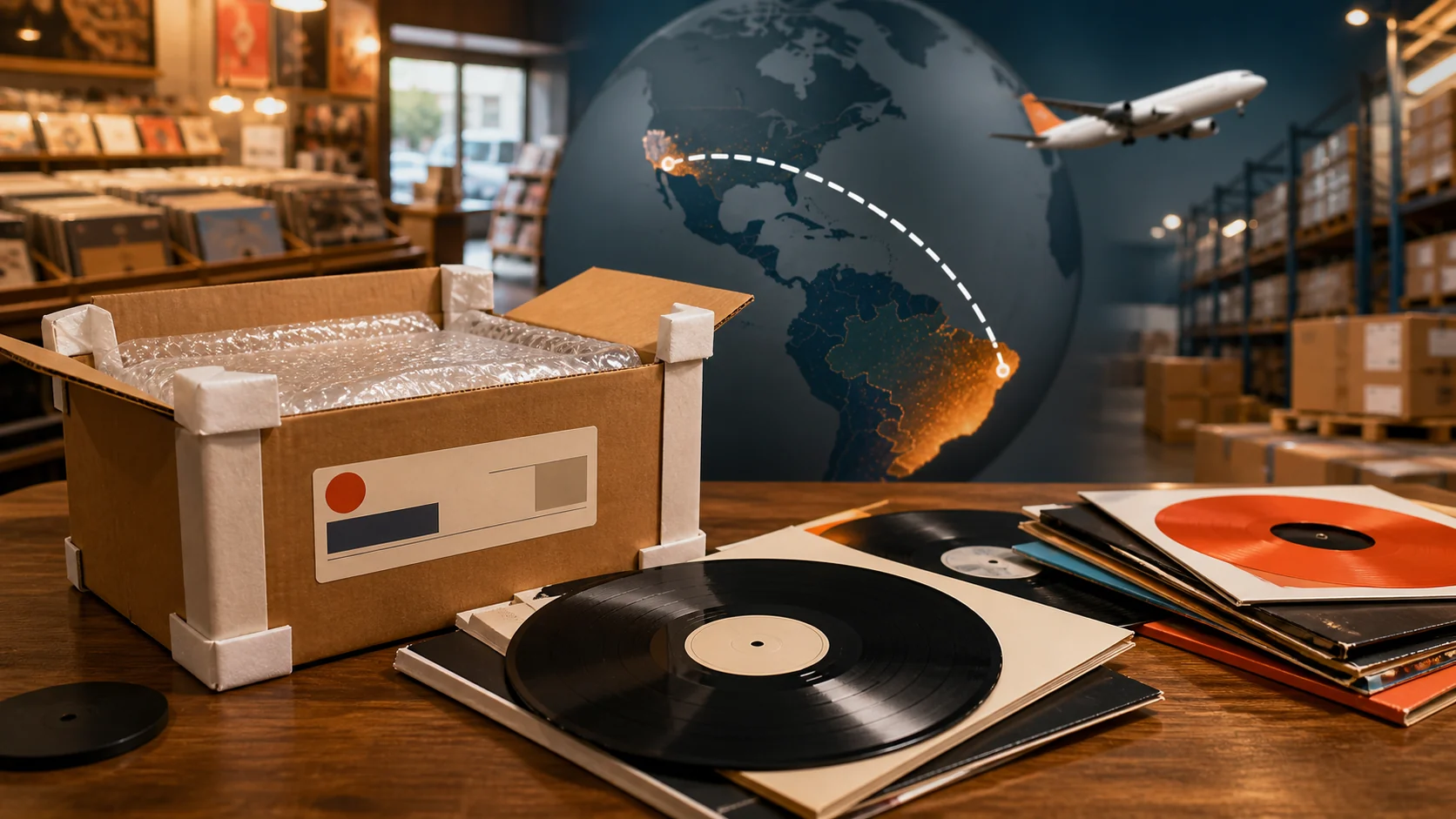Discos de vinil protegidos para envio dos Estados Unidos ao Brasil