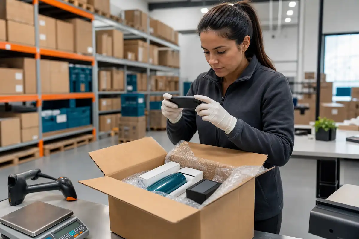 Funcionária fotografando e inspecionando produtos recebidos em um armazém de redirecionamento nos EUA