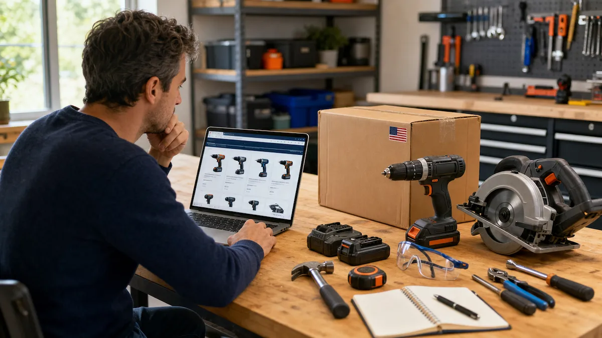 Ferramentas importadas dos EUA ao lado de caixas de envio da ViajaBox