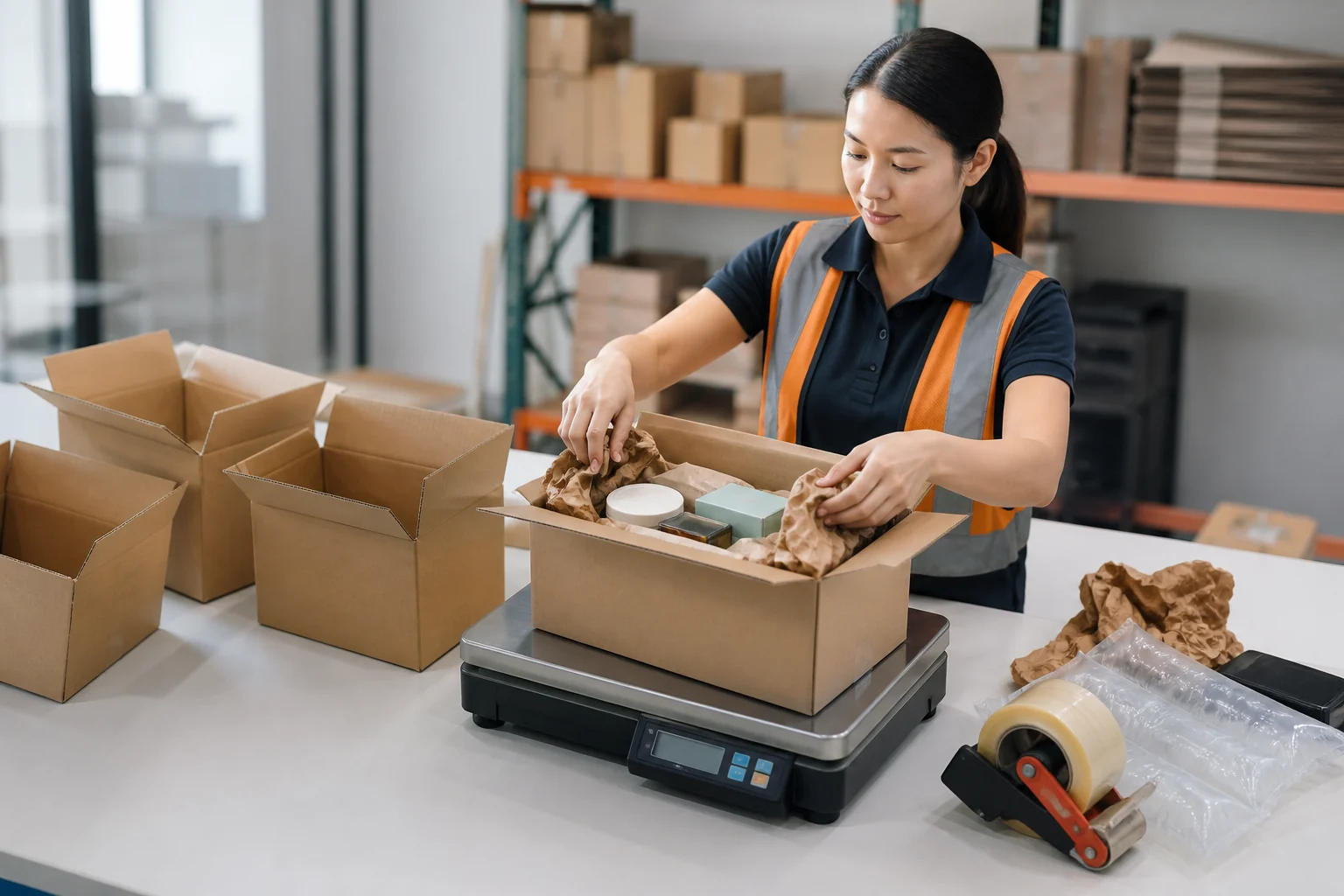 Several US purchases being repacked into a single ViajaBox box for international shipping