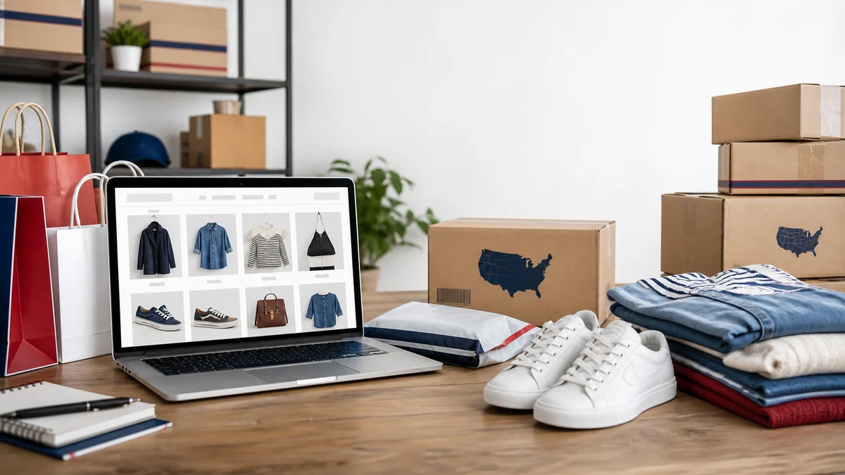 Compras em outlets online dos Estados Unidos com roupas, tênis e caixas para envio internacional