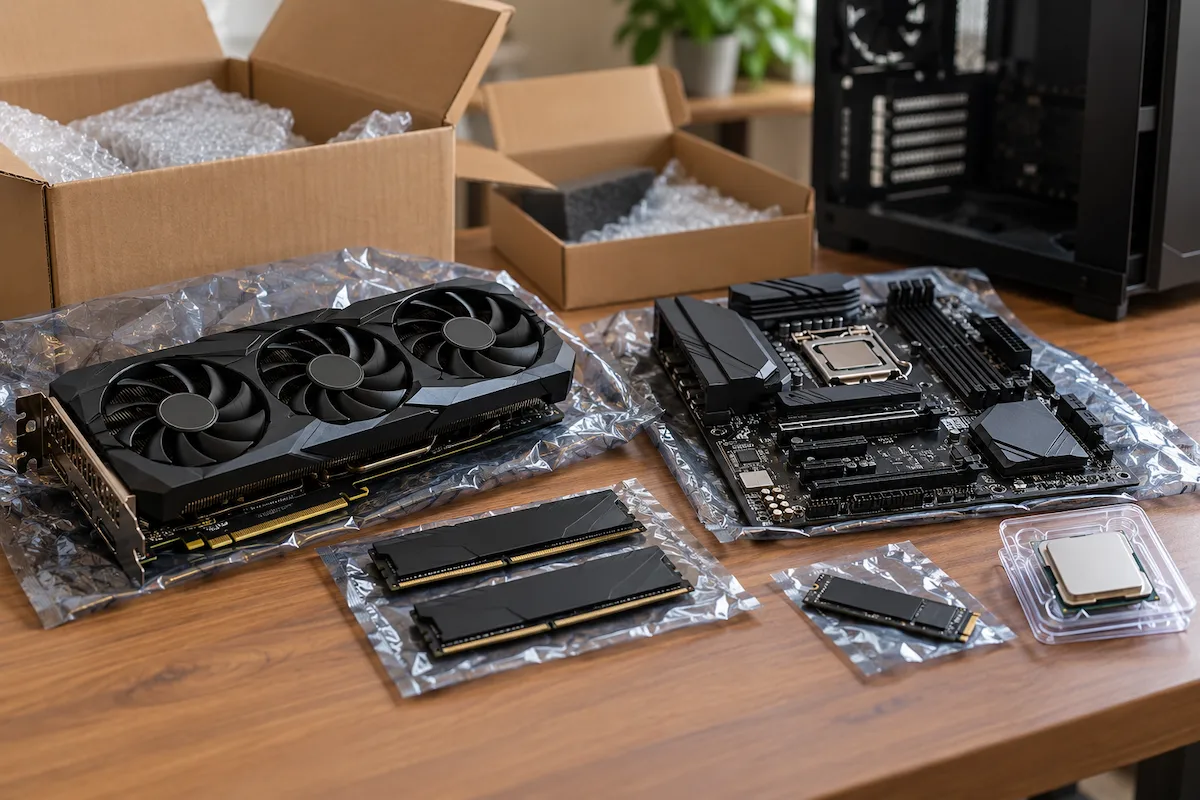 Componentes para montar um PC gamer sobre uma bancada, com placa de vídeo, memória RAM, SSD e caixas de transporte.