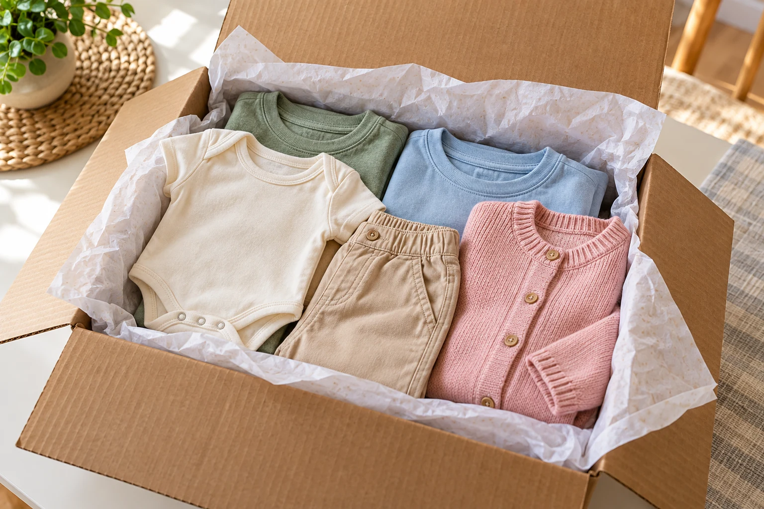 Caixa aberta com body de bebê, camisetas, calça e casaquinho infantil organizados sobre papel de seda.