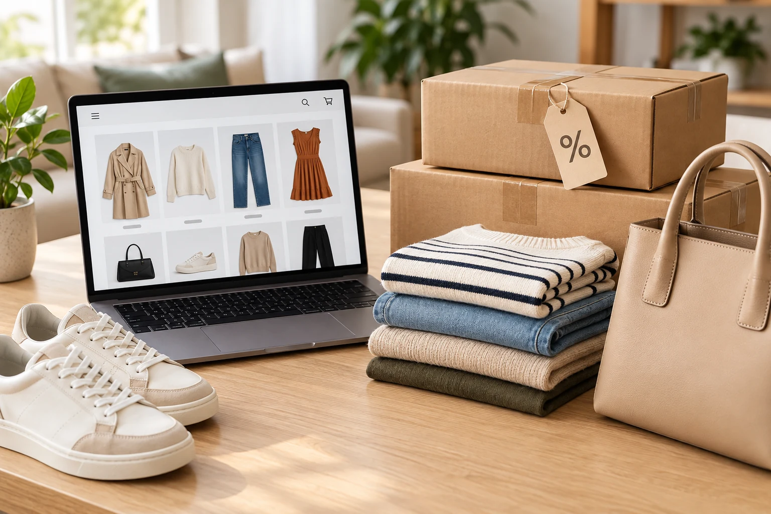 Notebook com loja online de moda, ao lado de roupas dobradas, tênis, bolsa e caixas de encomendas.