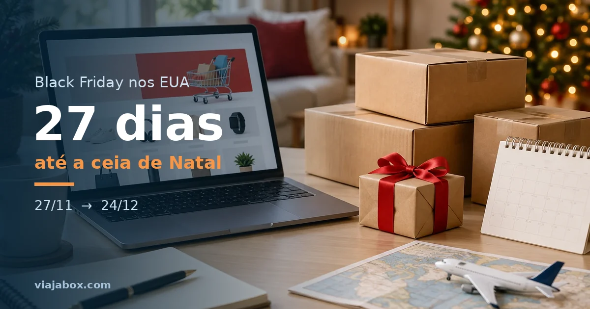 Laptop, caixas e presente de Natal com a contagem de 27 dias entre a Black Friday e a ceia de 24/12