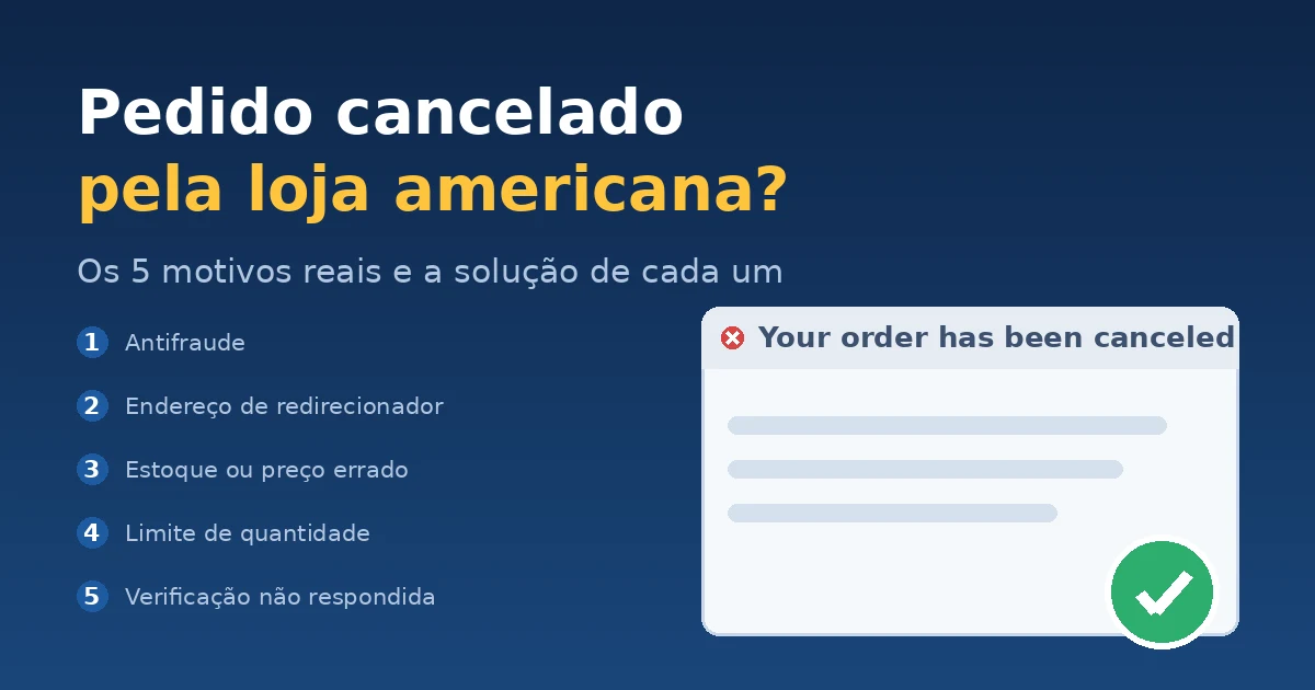Tela de e-mail com pedido cancelado por loja americana ao lado de selo verde indicando problema resolvido